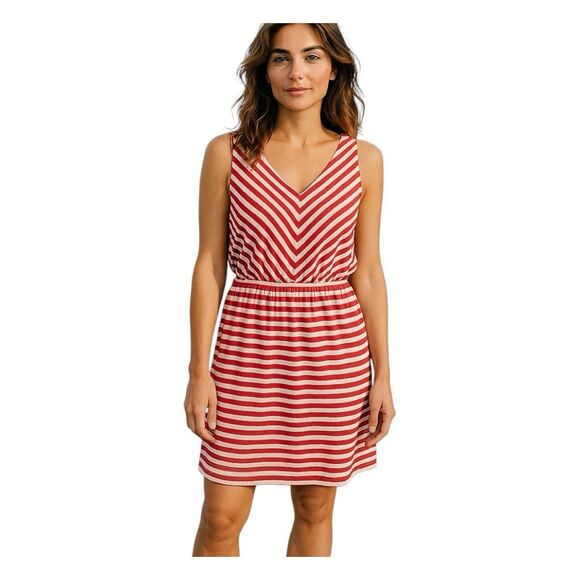 Loft Chevron Striped Mini Dress Maroon Cream Knit V-Neck Sleeveless M - Picture 1 of 7